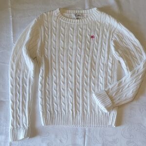 Lilly Pulitzer White Cable Knit Sweater with Pink Logo